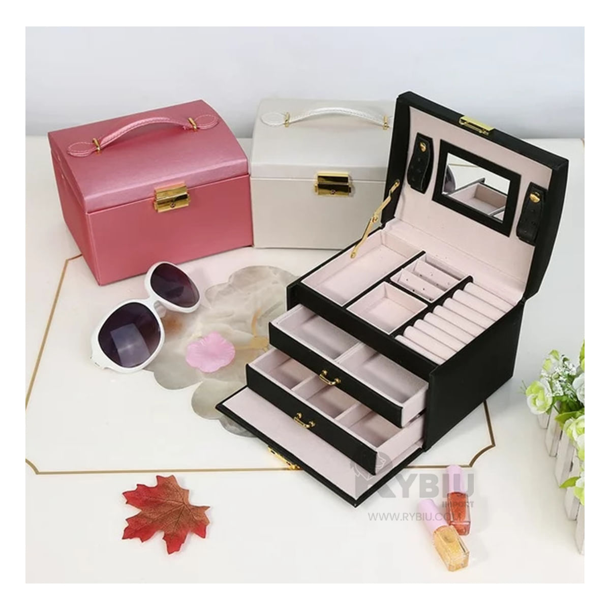 Organizador Cuero Sintetico de Joyas Tres Niveles Negro