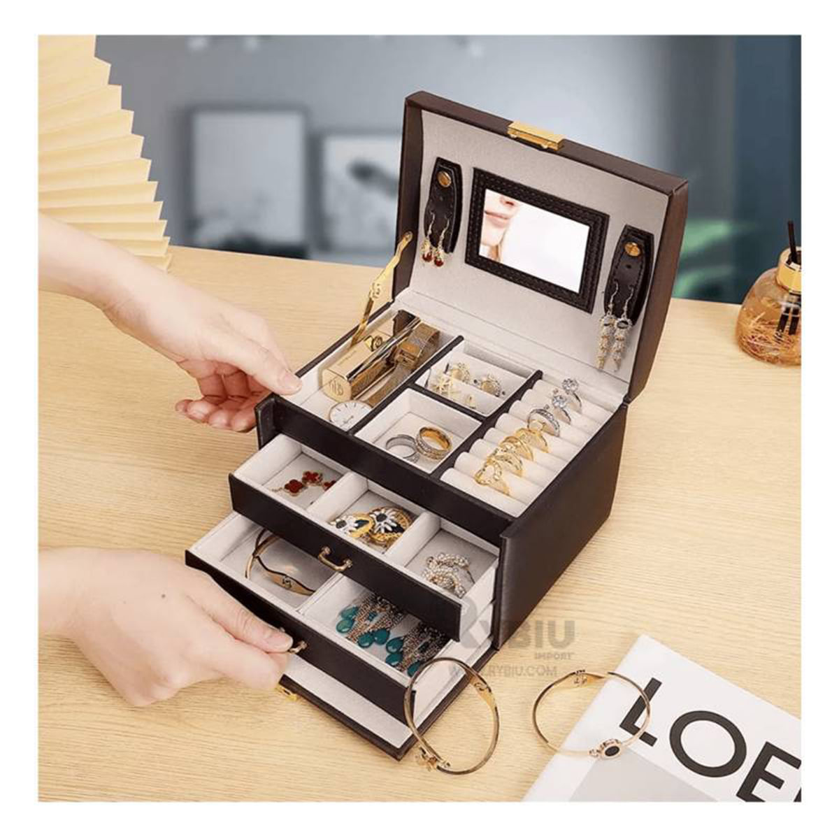 Organizador Cuero Sintetico de Joyas Tres Niveles Marron