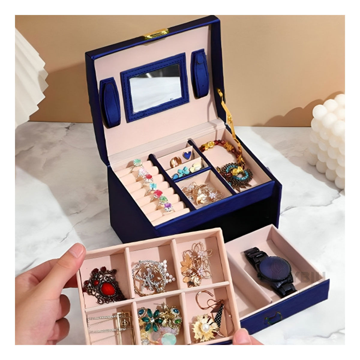 Organizador Cuero Sintetico de Joyas Tres Niveles Azul