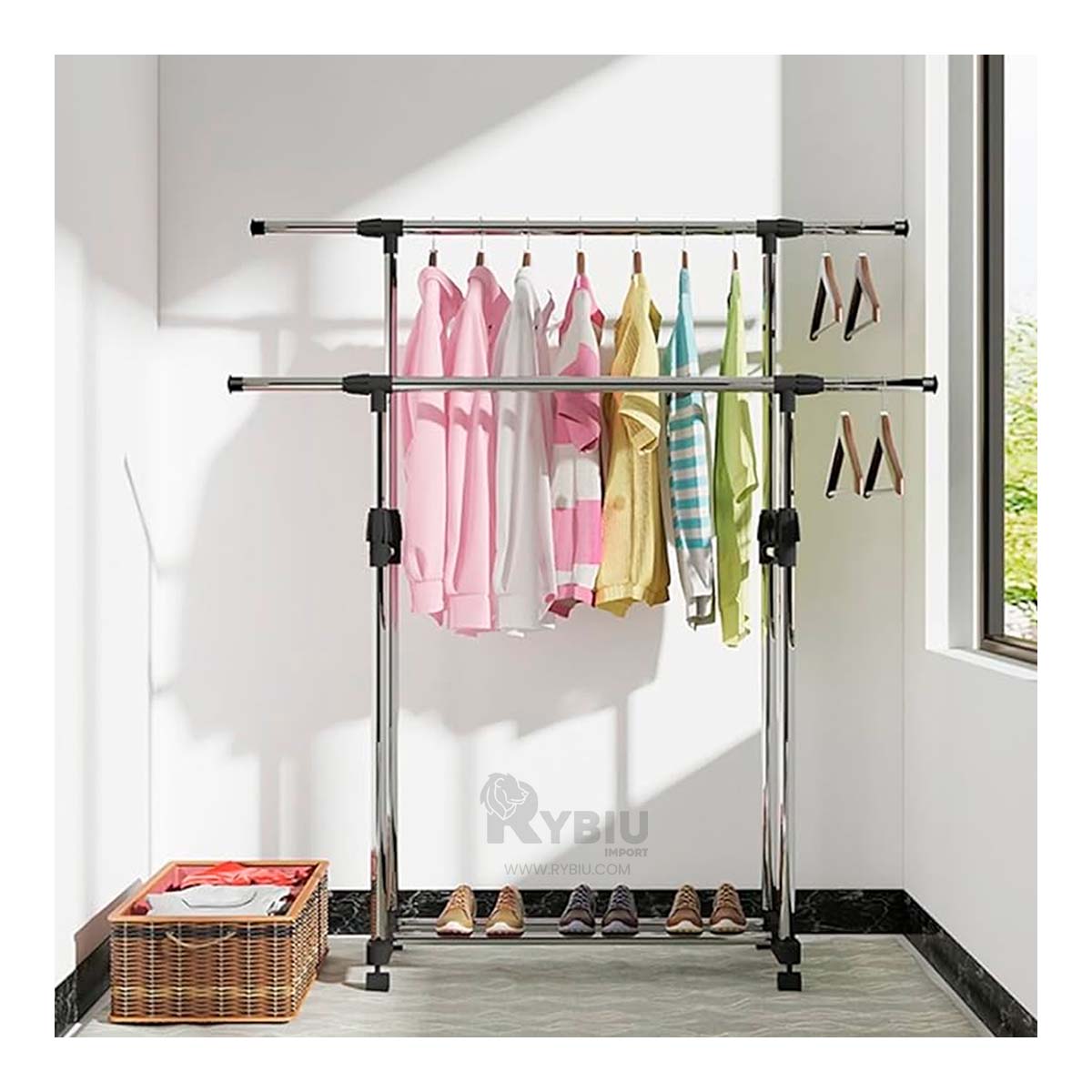 Colgador con Ruedas de 2 Niveles de Color Plomo Y+Stickers