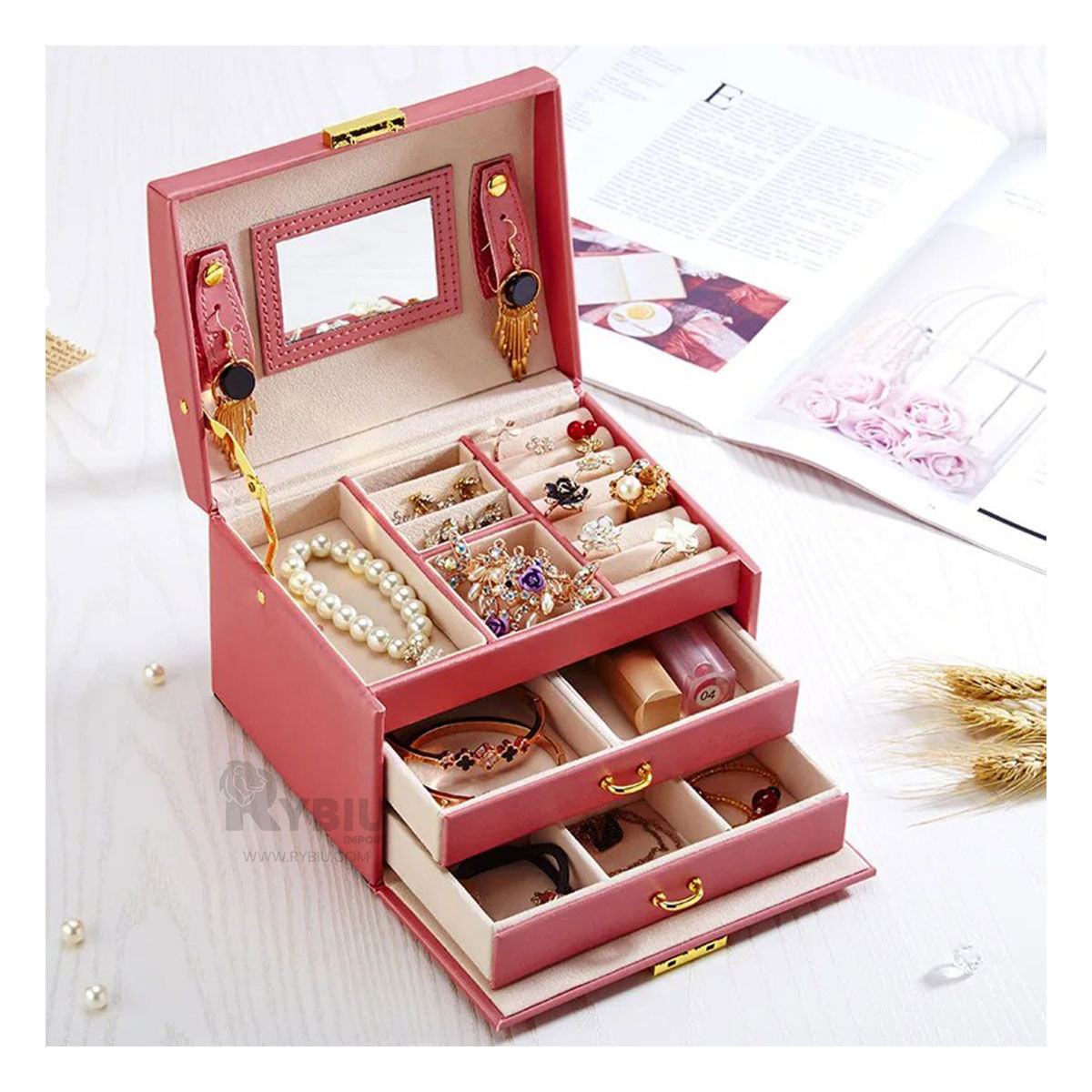 Joyero con Compartimientos de Color Rosado Y+Stickers