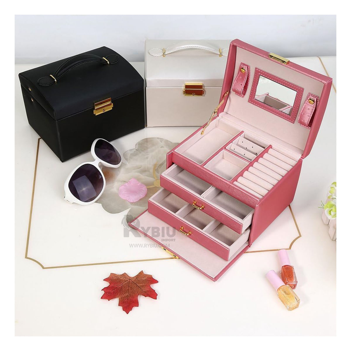 Joyero Compacto de 3 Niveles de Rosado Y+Papel de Regalo