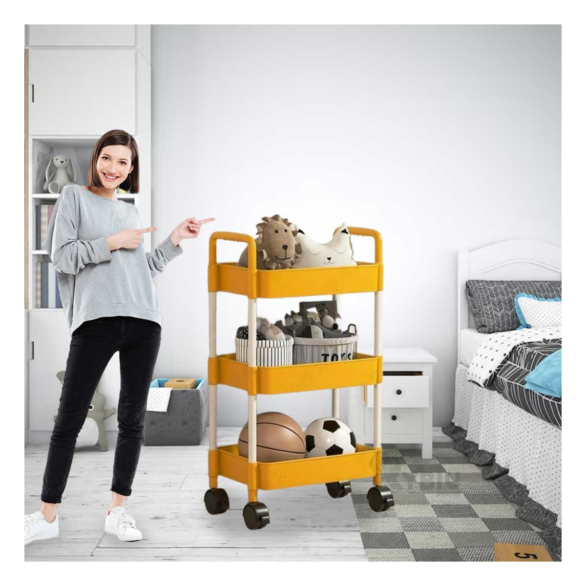 Estante de Cocina de 3 Niveles con Ruedas de Color Amarillo