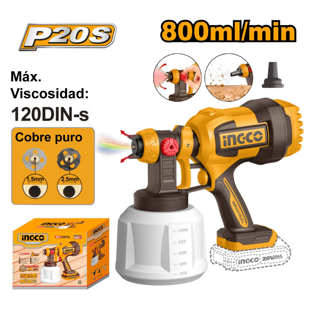 Pistola para Pintar Ingco 20V 800ML/MIN 120DIN-S CSGLI2004