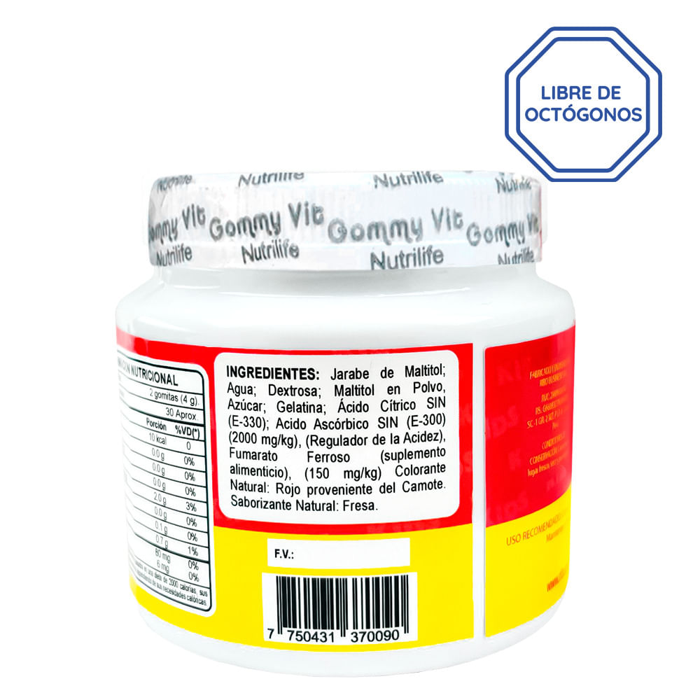 Gomitas Gommy Vit Nutrilife Hierro y Vitamina C Sabor fresa natural