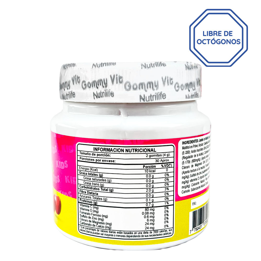 Gomitas Gommy Vit Nutrilife  Zinc Calcio Magnesio Hierro Vitamina C y D Sabor cereza natural