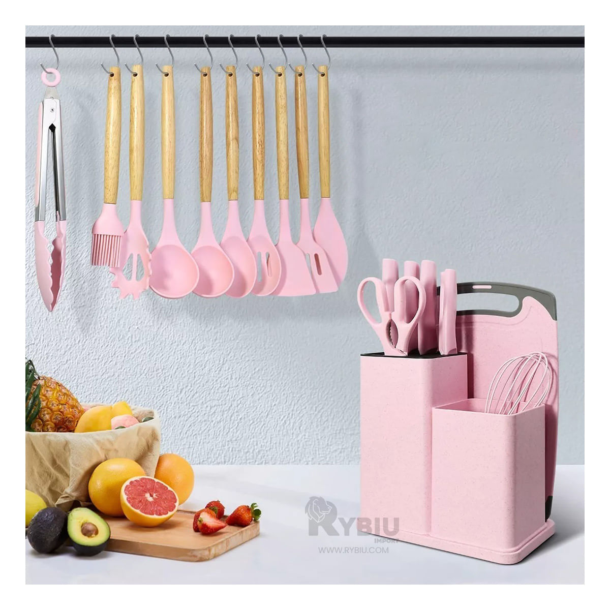 Set de Cocina de 18 Utensilios en Color Rosado