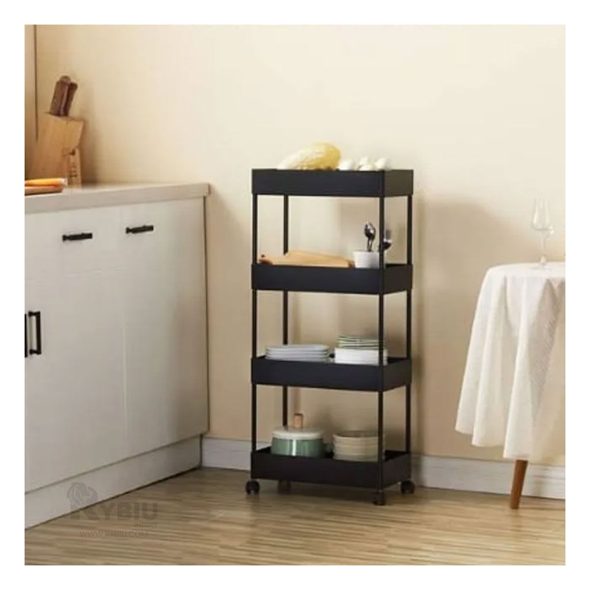 Carrito Lateral de Cuatro Niveles con Ruedas en Color Negro