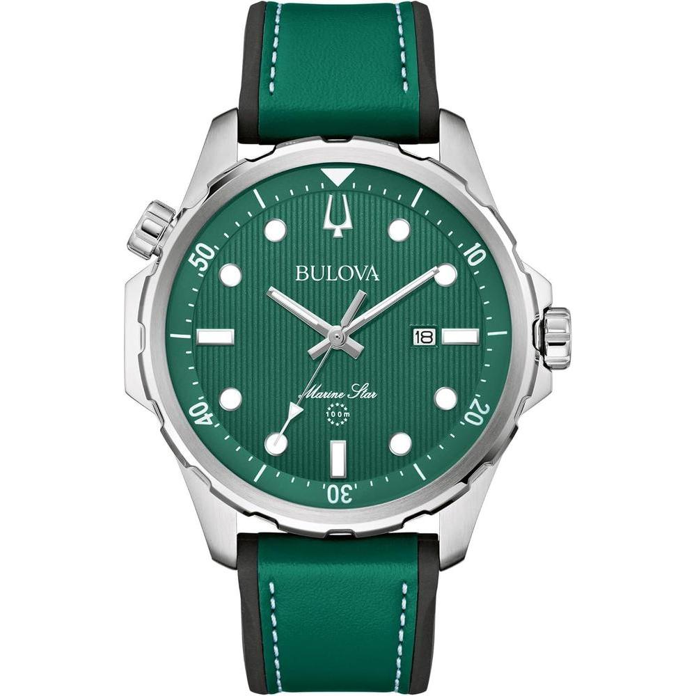 Bulova Reloj Marine Star de cuarzo plateado, correa de cuero y silicona, resistente al agua