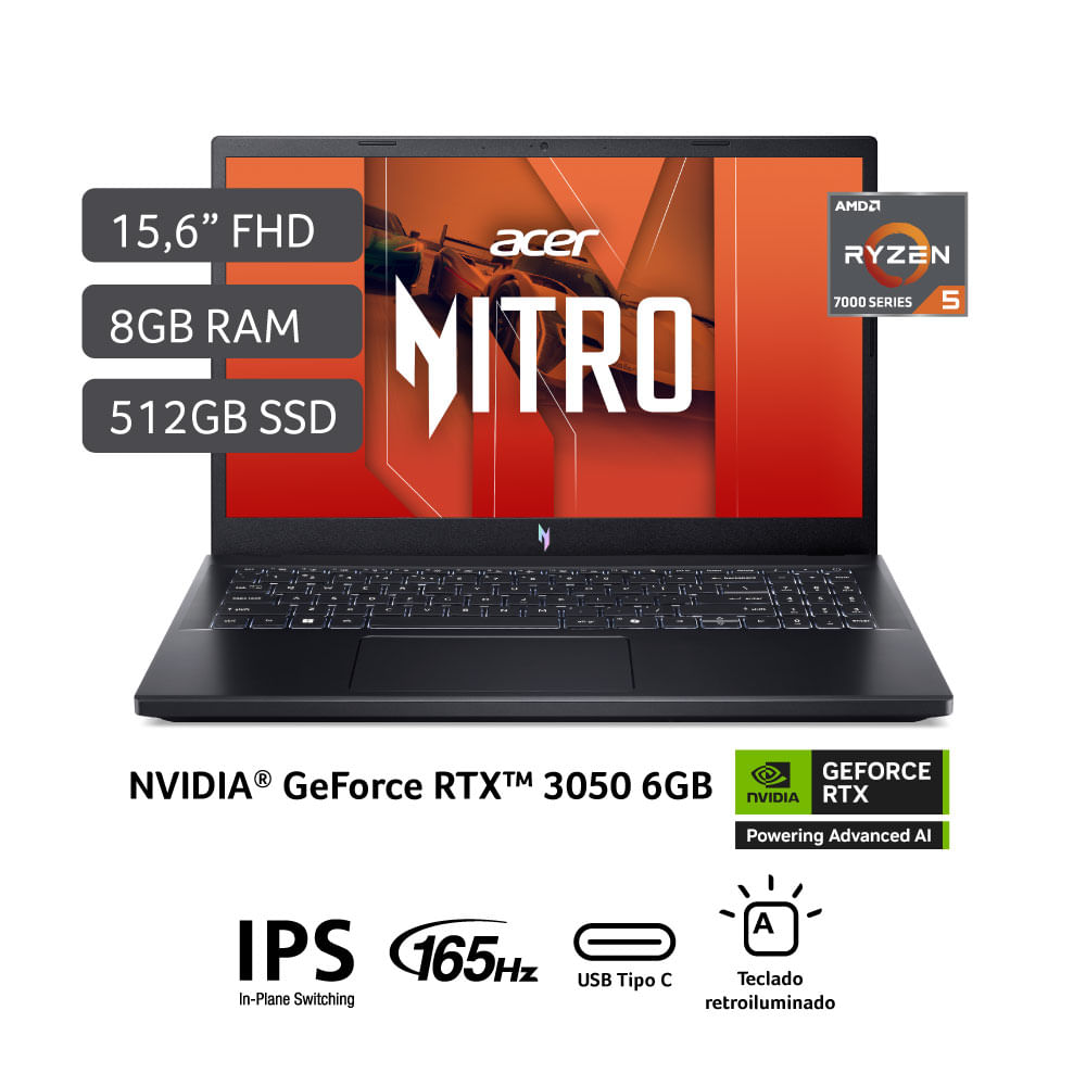 Laptop Gamer Acer Nitro V AMD Ryzen™ 5 7535HS 8GB RAM 512GB SSD 15.6"" RTX 3050.