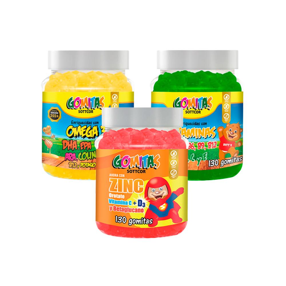 Combo Gomitas Zinc Orotato + Omega + Multivitaminas Sottcor Niños