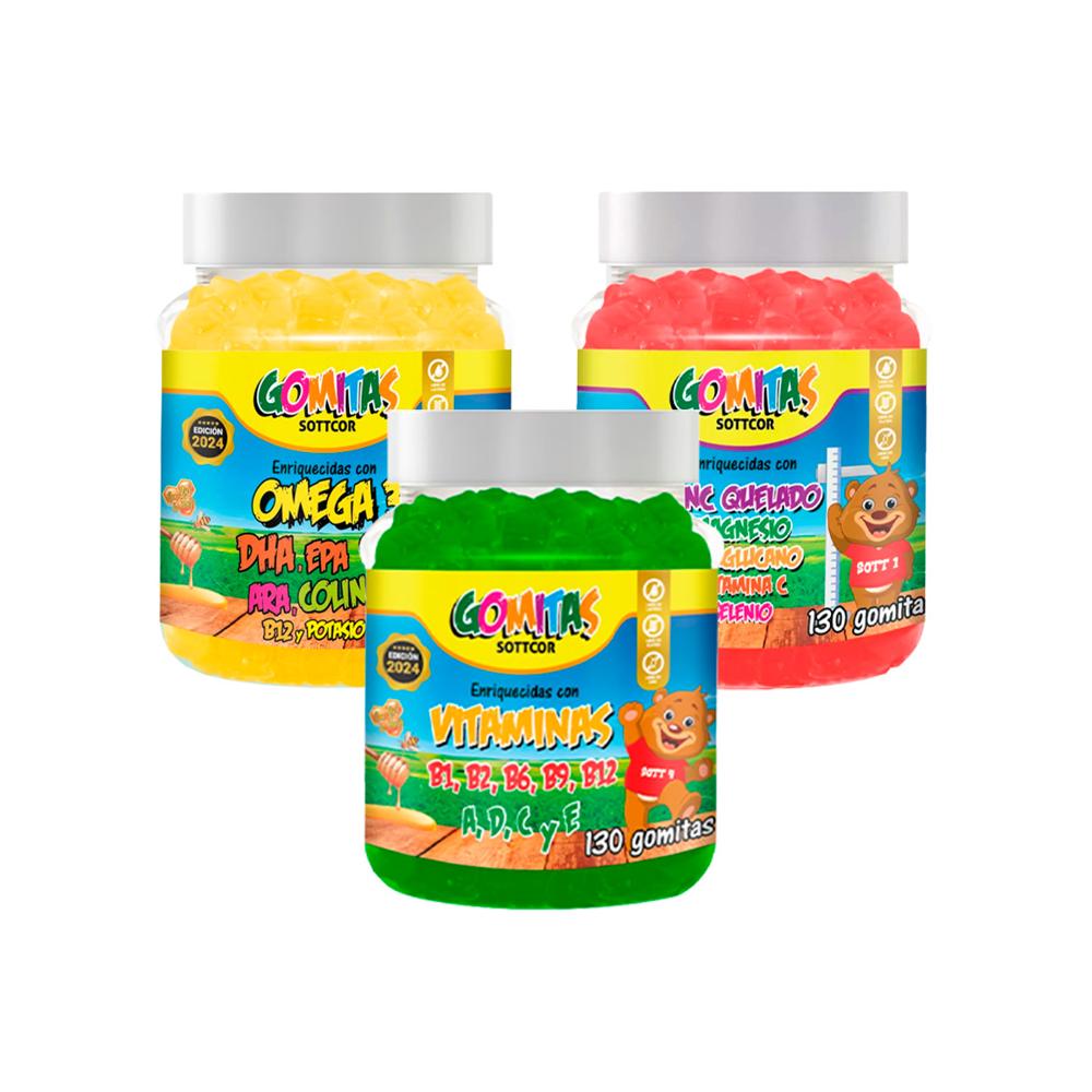 Combo Gomitas Sottcor Omega + Zinc Quelado + Multivitaminas Niños
