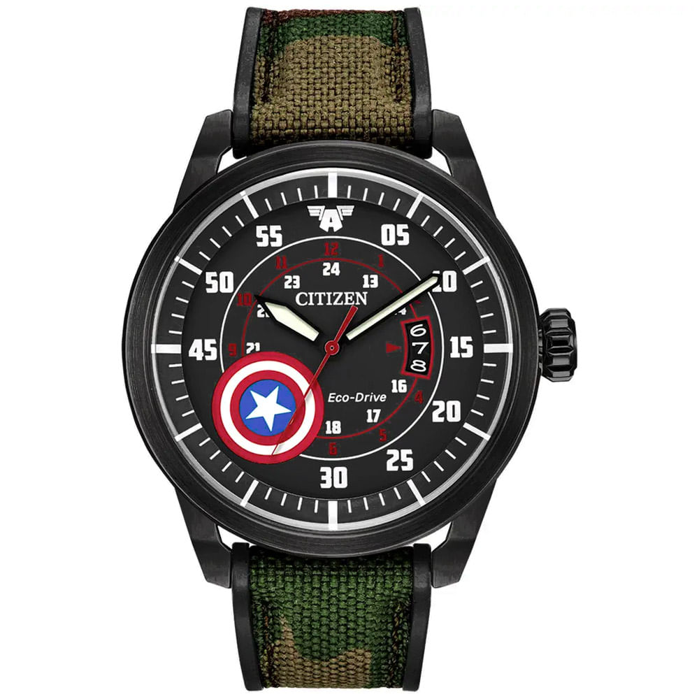 Reloj Citizen Eco Drive Marvel Captain America AW1367-05W Solar Fecha Correa de Resina y Nylon