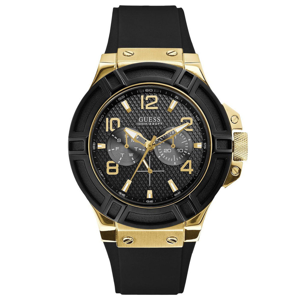 Reloj Guess Rigor U0247G6 Multifuncional Acero Inoxidable Dorado Correa Silicona Negro