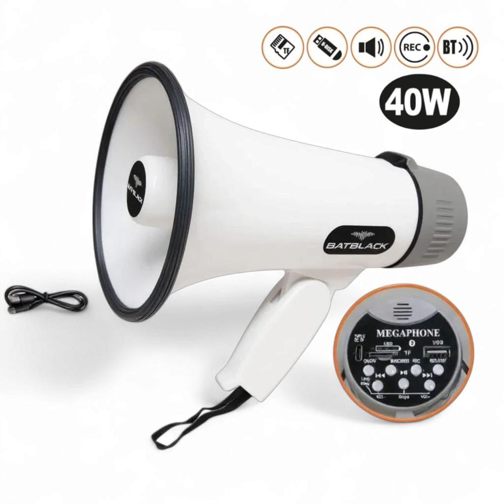 Megáfono Recargable de 40W Batblack BT-MF32 con Sistema de Grabacion y Sirena