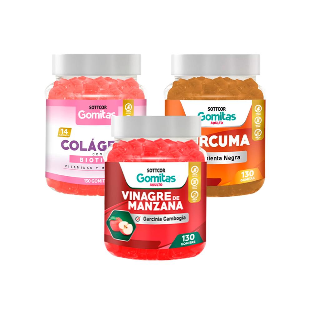 Pack Gomitas Colágeno + Vinagre De Manzana + Cúrcuma Sottcor Adultos