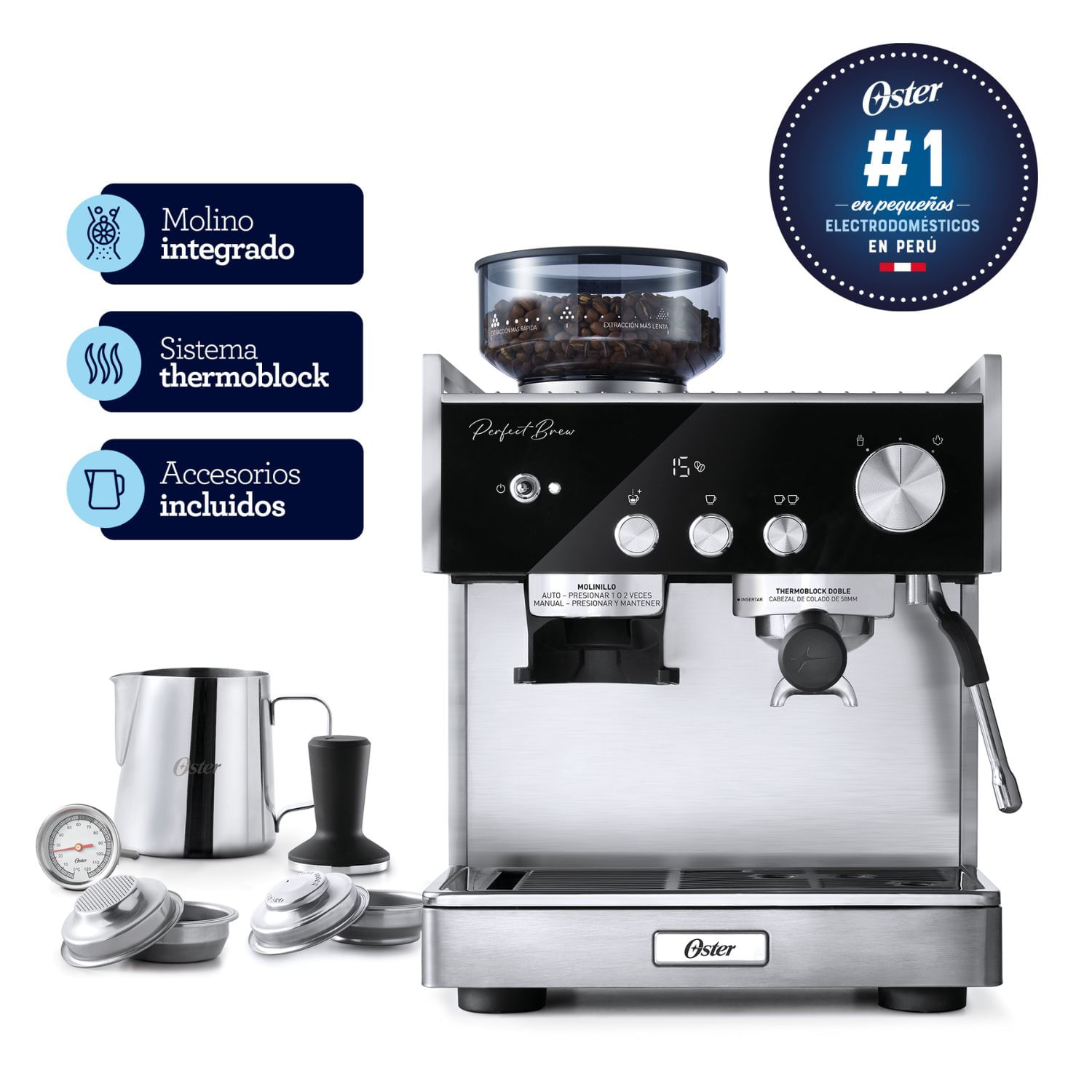 Cafetera Oster® para Espresso Perfect Brew Máxima BVSTEM7400 con Molinillo integrado y accesorios