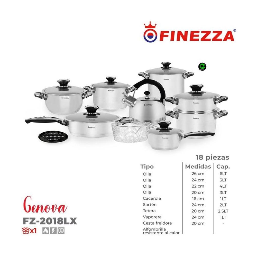 Set de Ollas de 18 Piezas FINEZZA de Acero Inoxidable FZ-2018LX