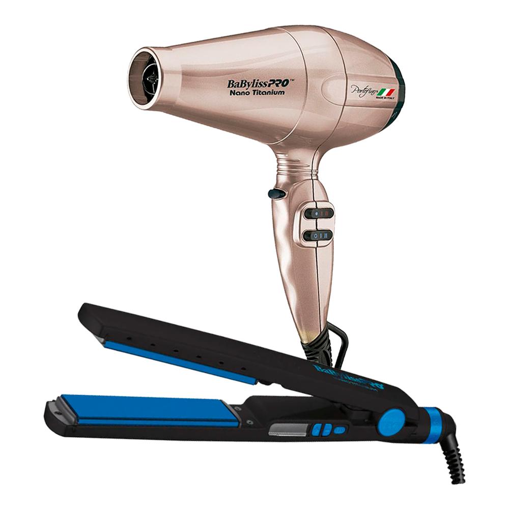 Combo BabylissPRO Alisadora Metal Blue Nano Titanium BNTMB4091TPE y Secador Portofino Rose Gold