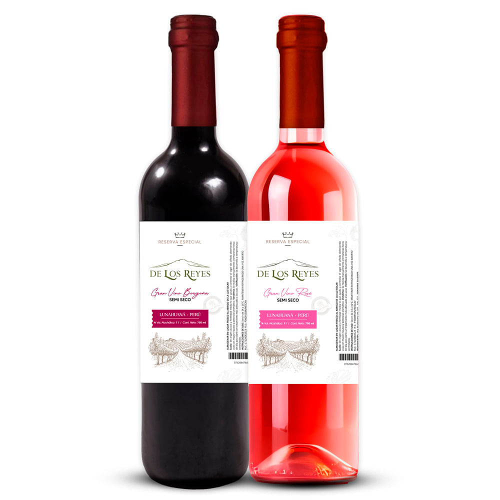 Pack Vino Tinto DE LOS REYES Borgoña + Vino Rosé DE LOS REYES Rosado Botella 750ml Paquete 2un