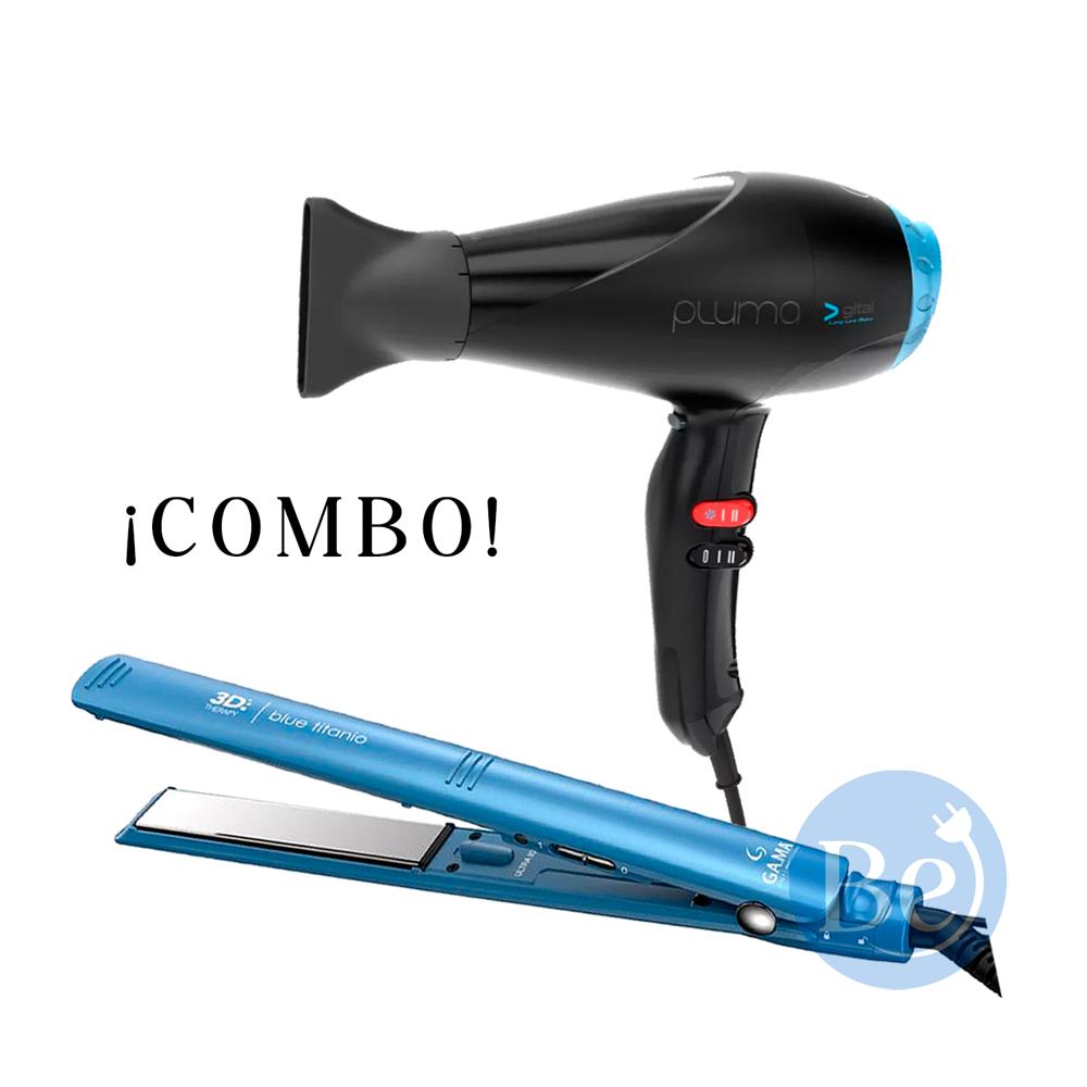 Combo Gama Alisadora Blue Titanio BECHS0000002426 y Secador Pluma BECHD0000002805