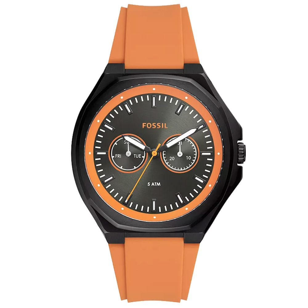Reloj Fossil Evanston BQ2675 Multifuncional Acero Inoxidable Negro Correa Silicona Naranja