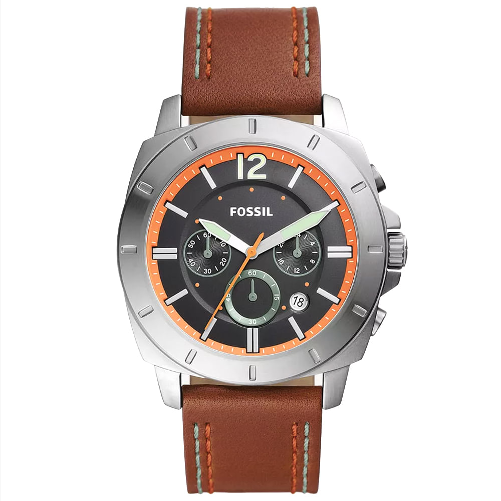 Reloj Fossil Privateer Sport BQ2681 Fecha Cronómetro Acero Inoxidable Correa De Cuero Marron