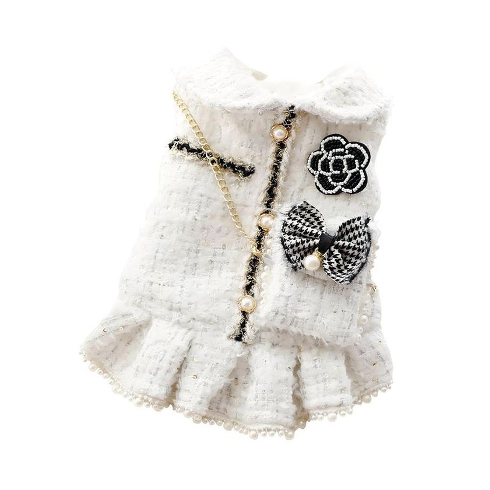 Ropa Para Perros Vestido Tweed Perlas Blanco - Talla XL