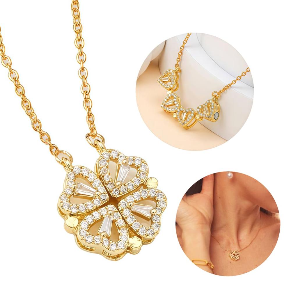 Collar Trébol de la Suerte Doble Vista Corazón Dorado Regalo Perfecto
