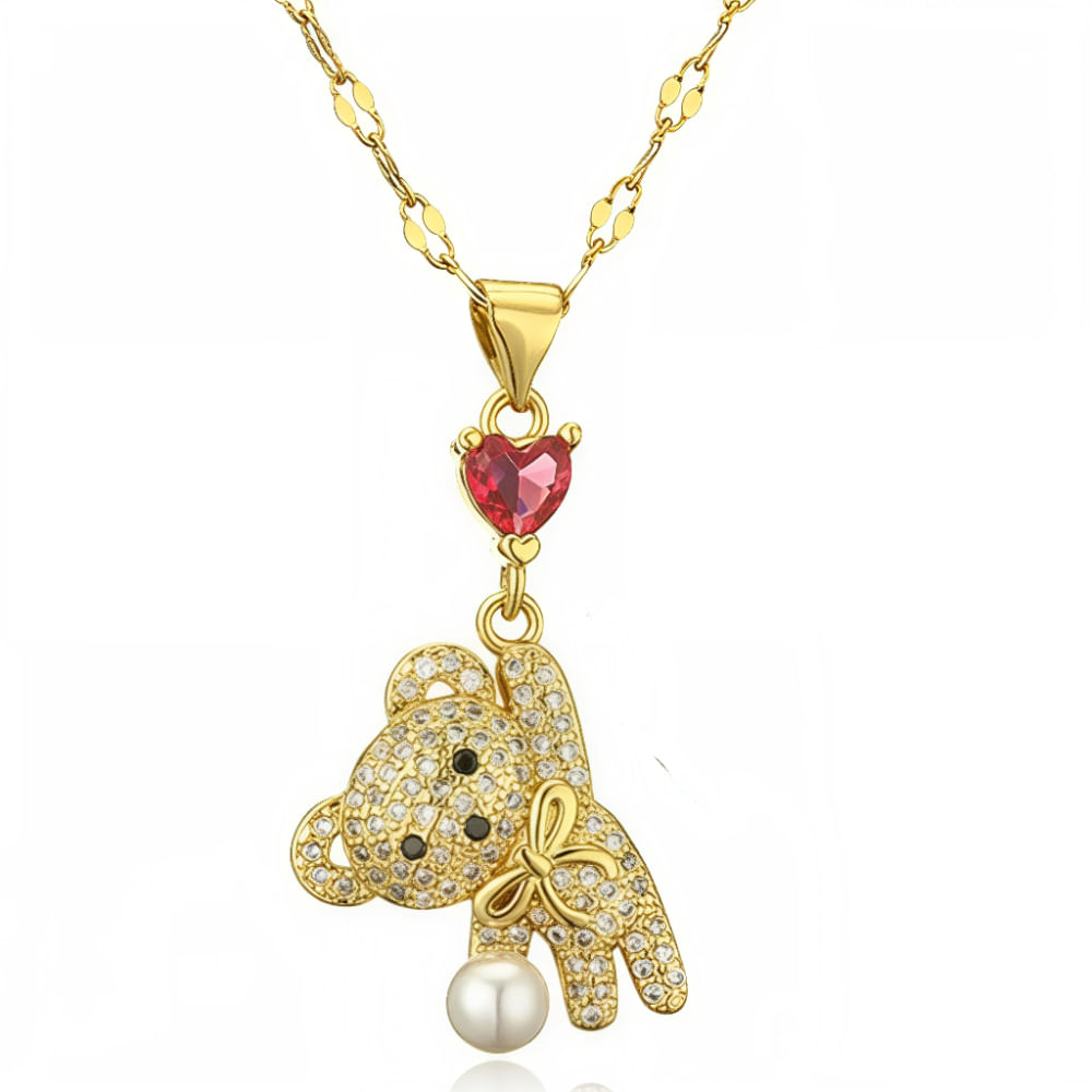 Collar De Dama Osito Corazon De Circonia Acero Inoxidable  Dorado Regalo Especial