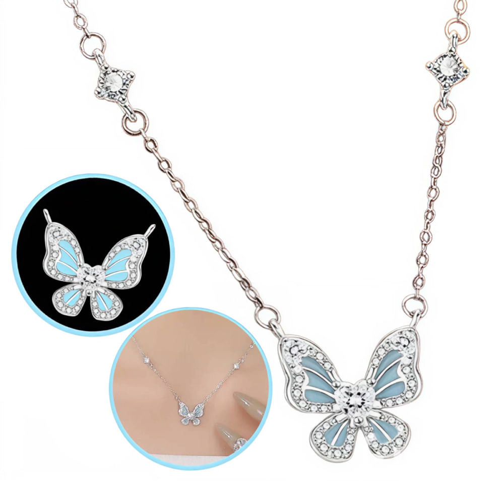 Collar Mariposa Diseño Luminoso  Plataeado Plata 925 Diseño Exclusivo
