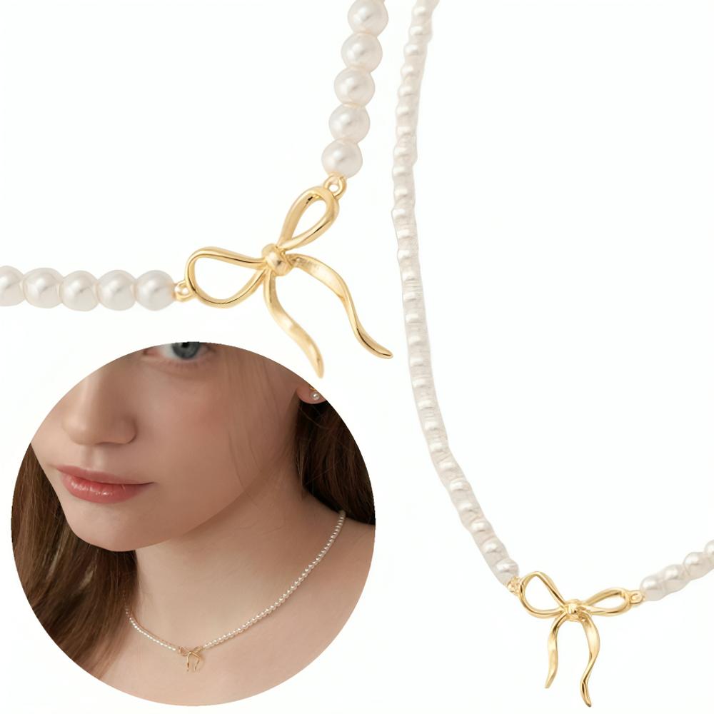 Collar De Perlas Con Colgante Lazo Dorado Diseño Exclusivo