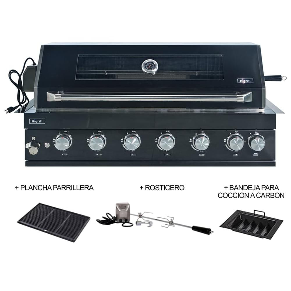 Parrilla a Gas Empotrable con Rosticero Giratorio Carbonera y Plancha