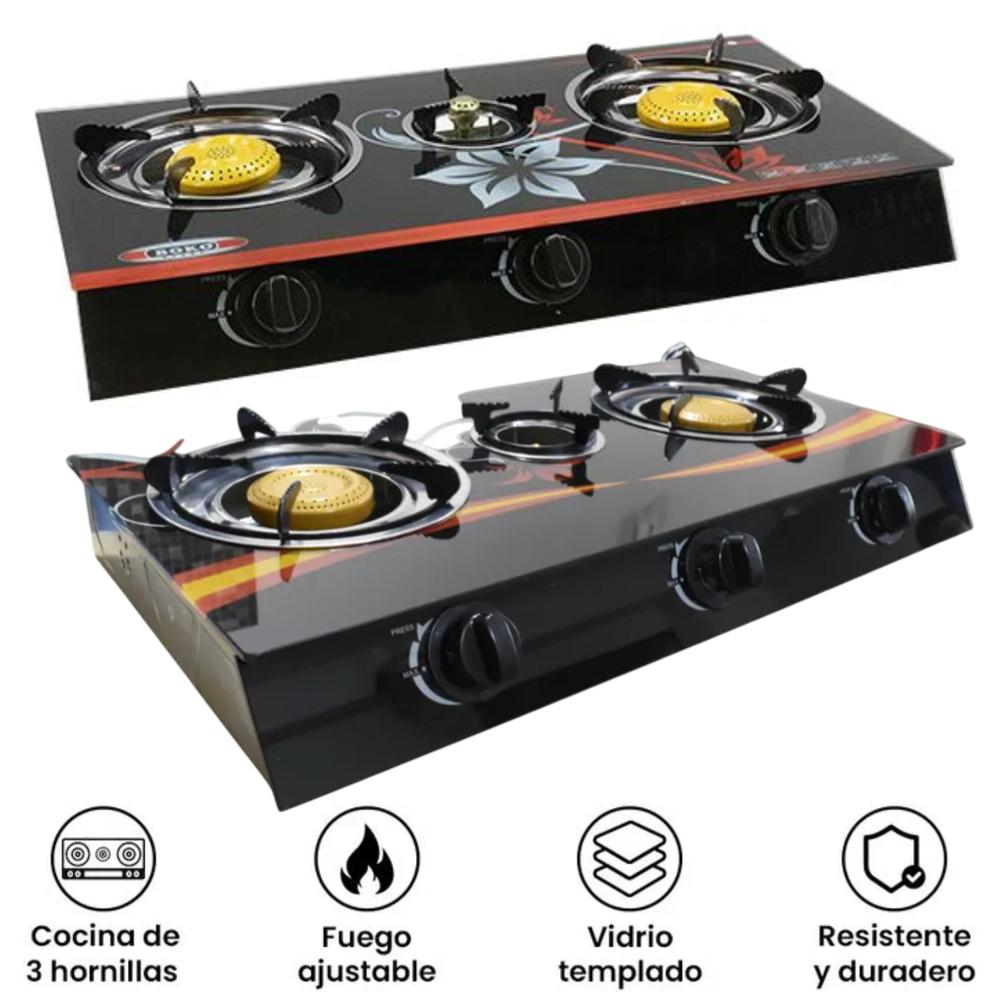Cocina a Gas MS 66888 3 Hornillas vidrio Templado Color Aleatorio