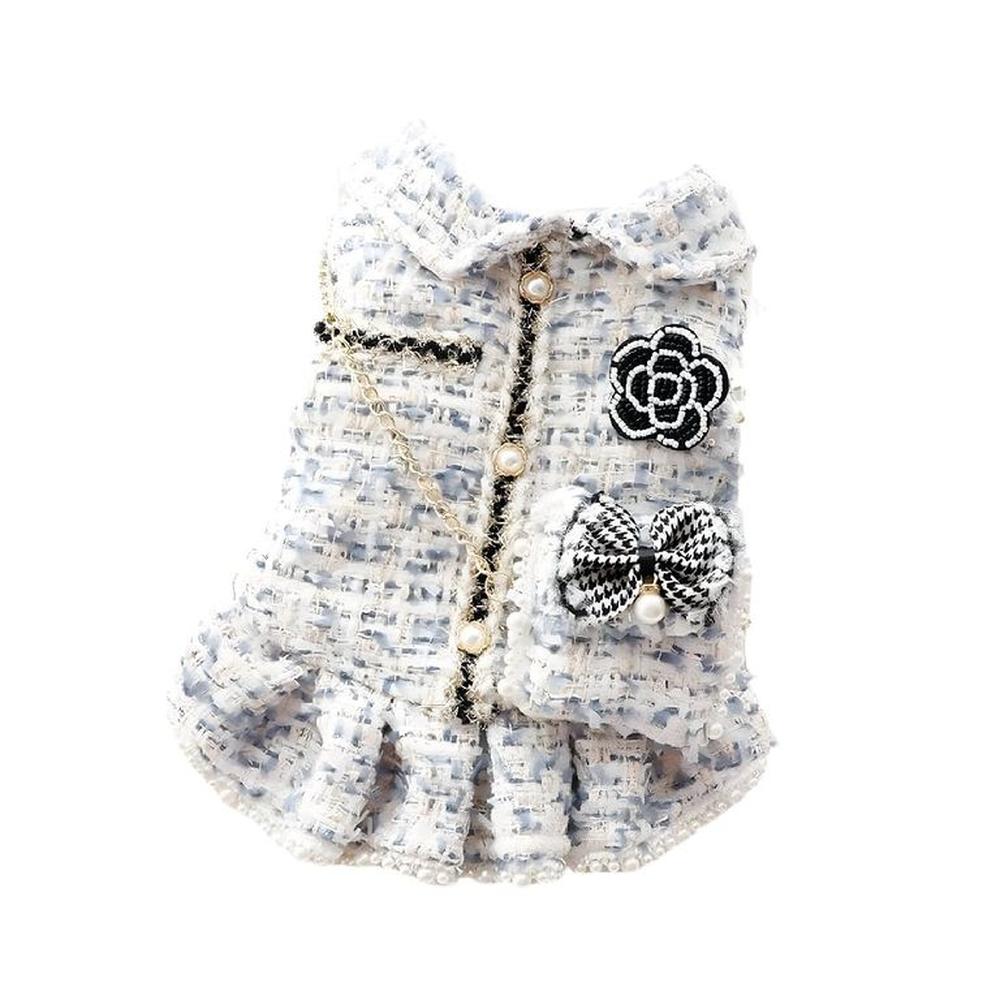 Ropa Para Perros Vestido Tweed Perlas Azul Blanco - Talla L