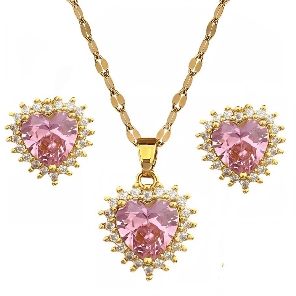 Set Collar Aretes Corazon Rosa Mujer Acero Inoxidable Diseño Unico