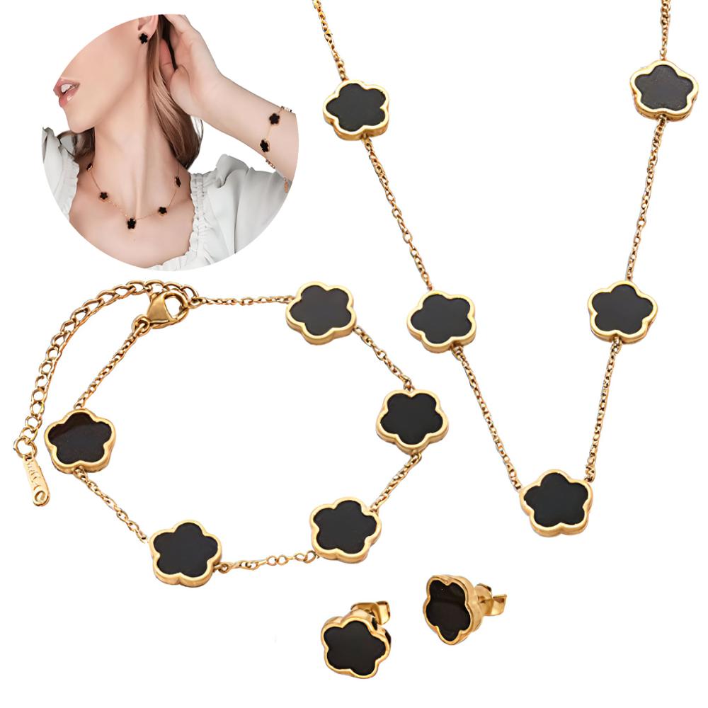 Set Collar Aretes y Pulsera Trebol Negro Mujer Diseño De Lujo, Acero Inoxidable