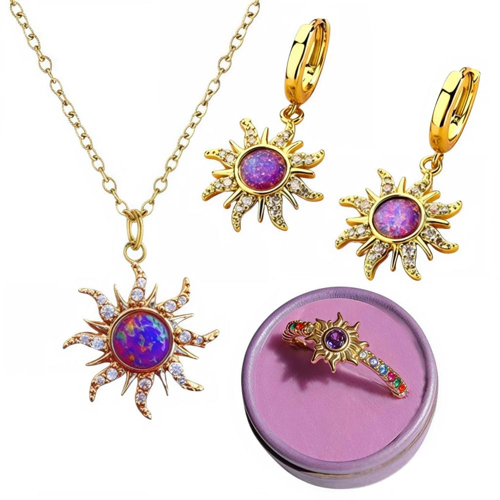 Set Collar Pulsera Arete De Sol Piedra Opalo Mujer Morado  Diseño Exclusivo