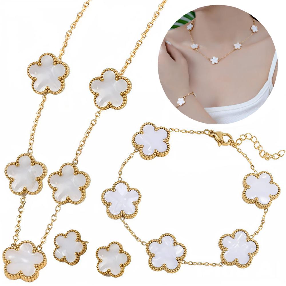 Set Collar Aretes y Pulsera Trebol Blanco Mujer Diseño De Lujo, Acero Inoxidable