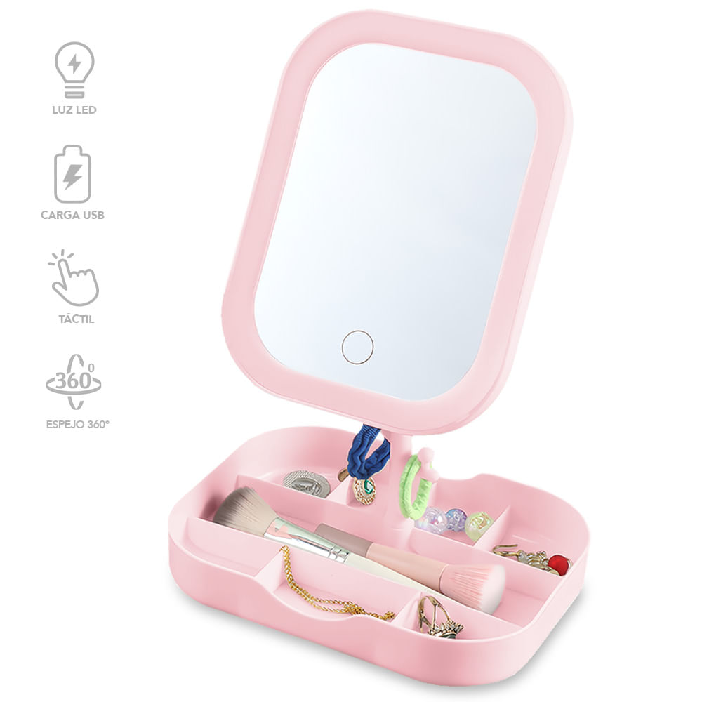 Joyero Organizador con Espejo LED Portátil Rosa A31