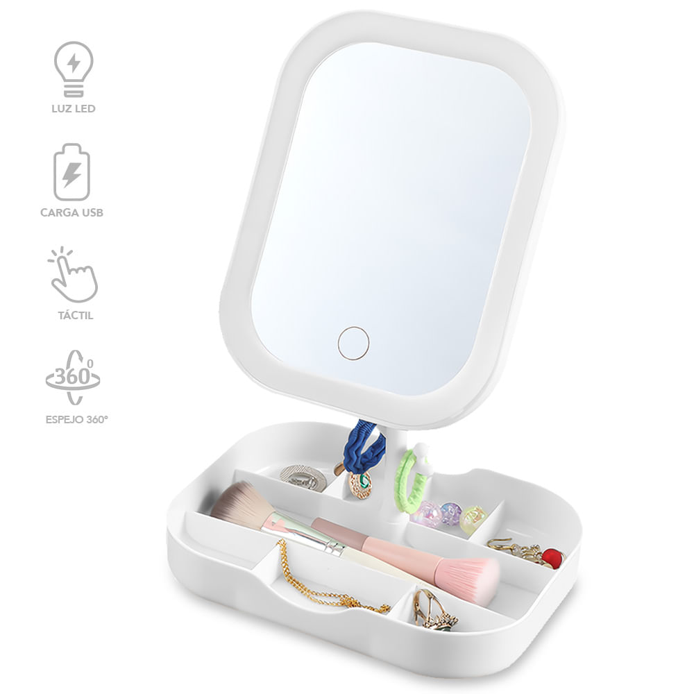 Joyero Organizador con Espejo LED Portátil Blanco A31