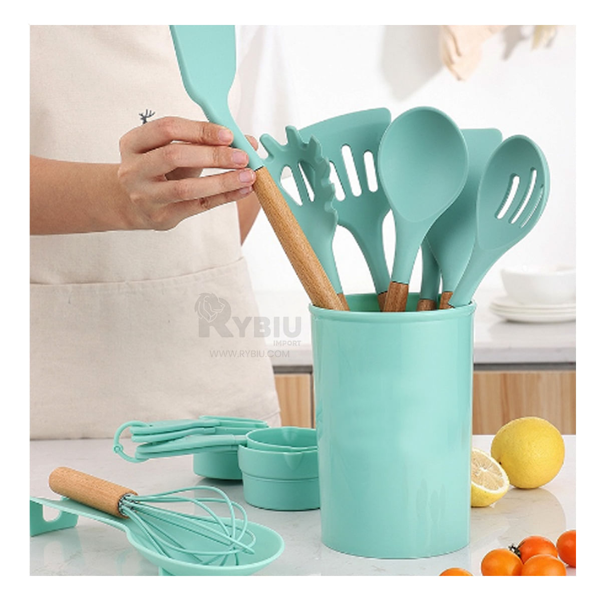 Kit 12 Piezas Bonitas para Cocina en Verde Y+Papel de Regalo