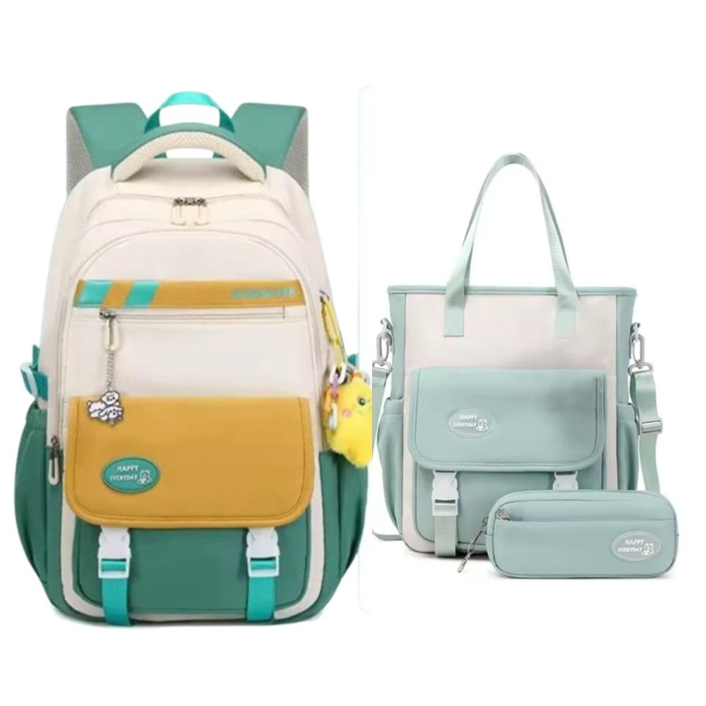 Mochila Koreana Set Por Tres Genérica Grande Mostaza con Verde Mochila Koreana Set Por Tres Genérica Grande Mostaza con Verde