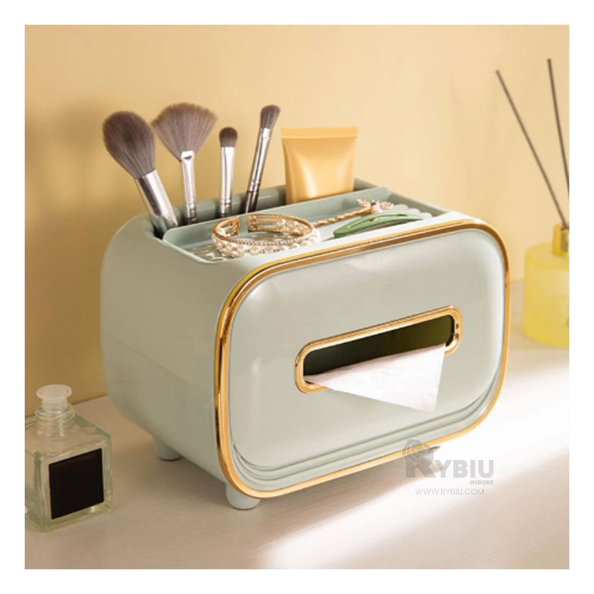 Caja de Pañuelos Multifuncional con Compartimientos Verde