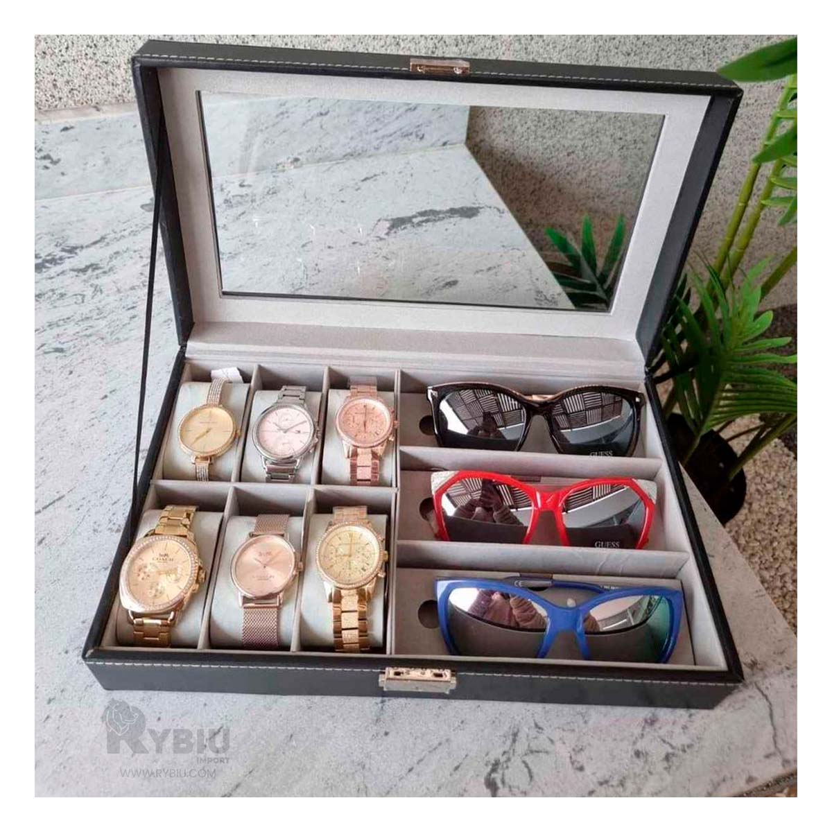 Organizador Resistente de Relojes en Negro Y+Papel de Regalo