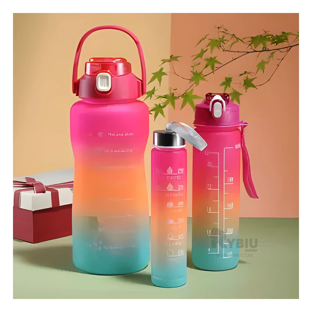 Set Botellas Deportivas de 2L 1L y 300 ml con Tapa Fucsia