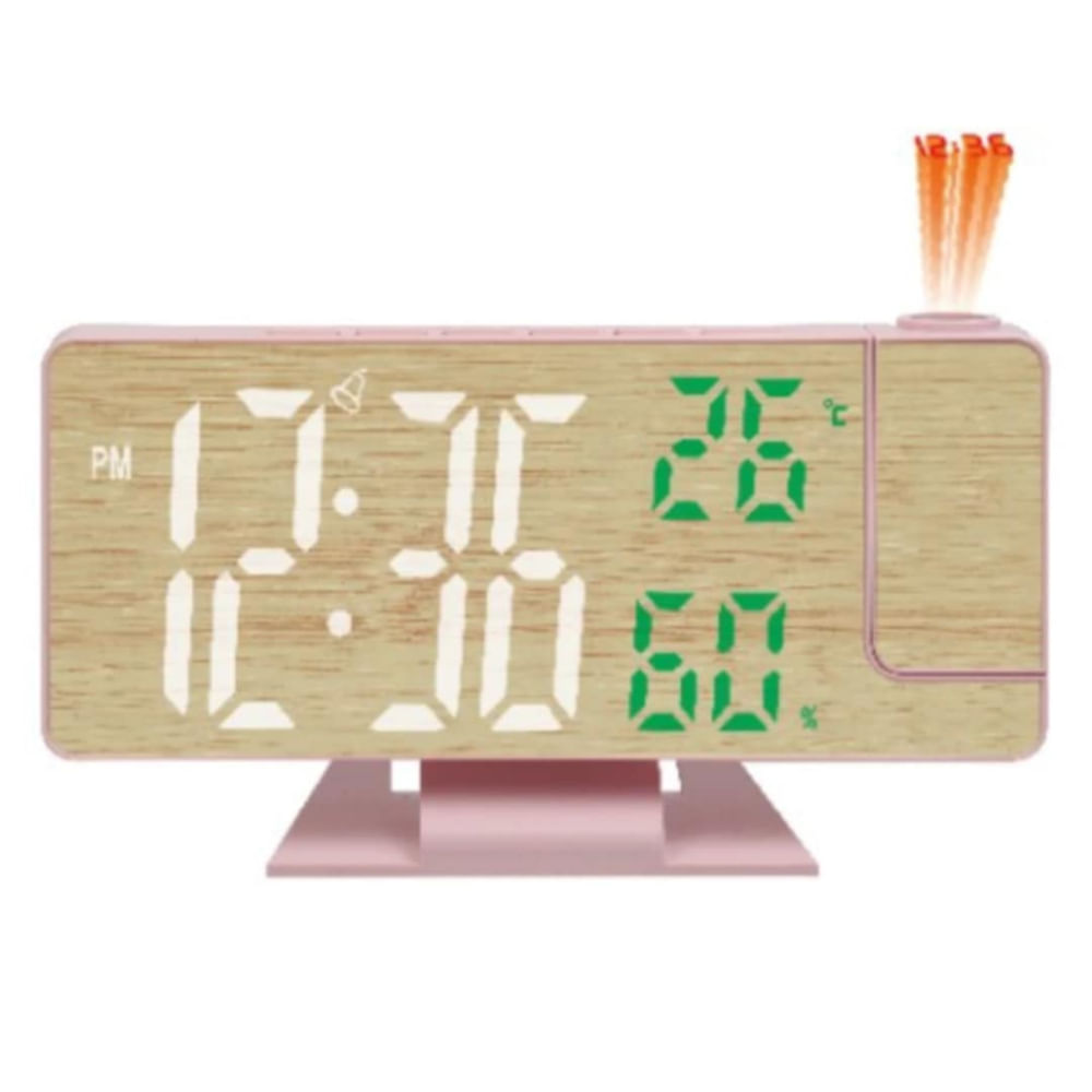 Reloj Digital Proyector Despertador de Hora Alarma Pantalla de Madera Rosa