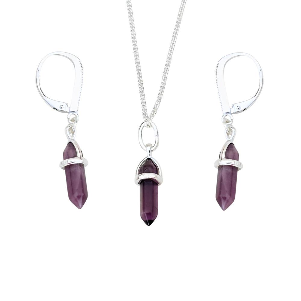 Set de Collar y Aretes Cuarzo Amatista Plata