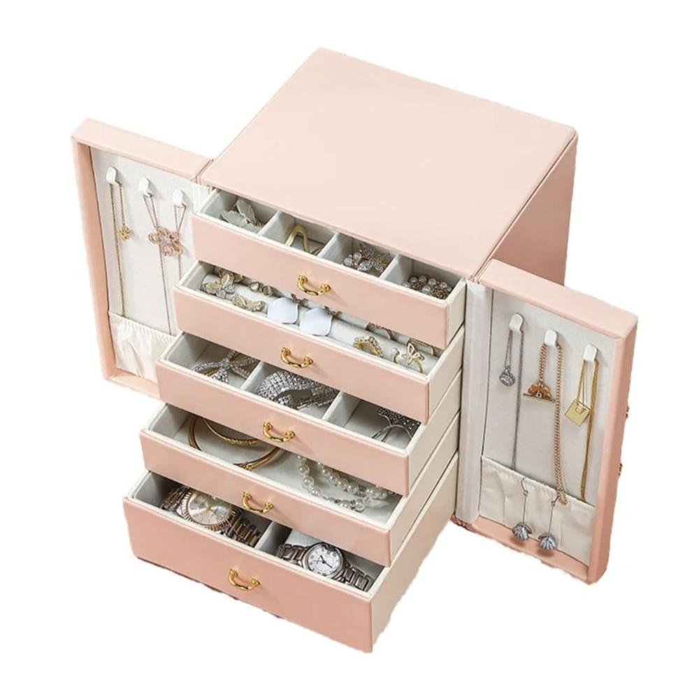 Joyero Organizador Portátil Rosa 5 Cajones Mas Laterales para Collares.