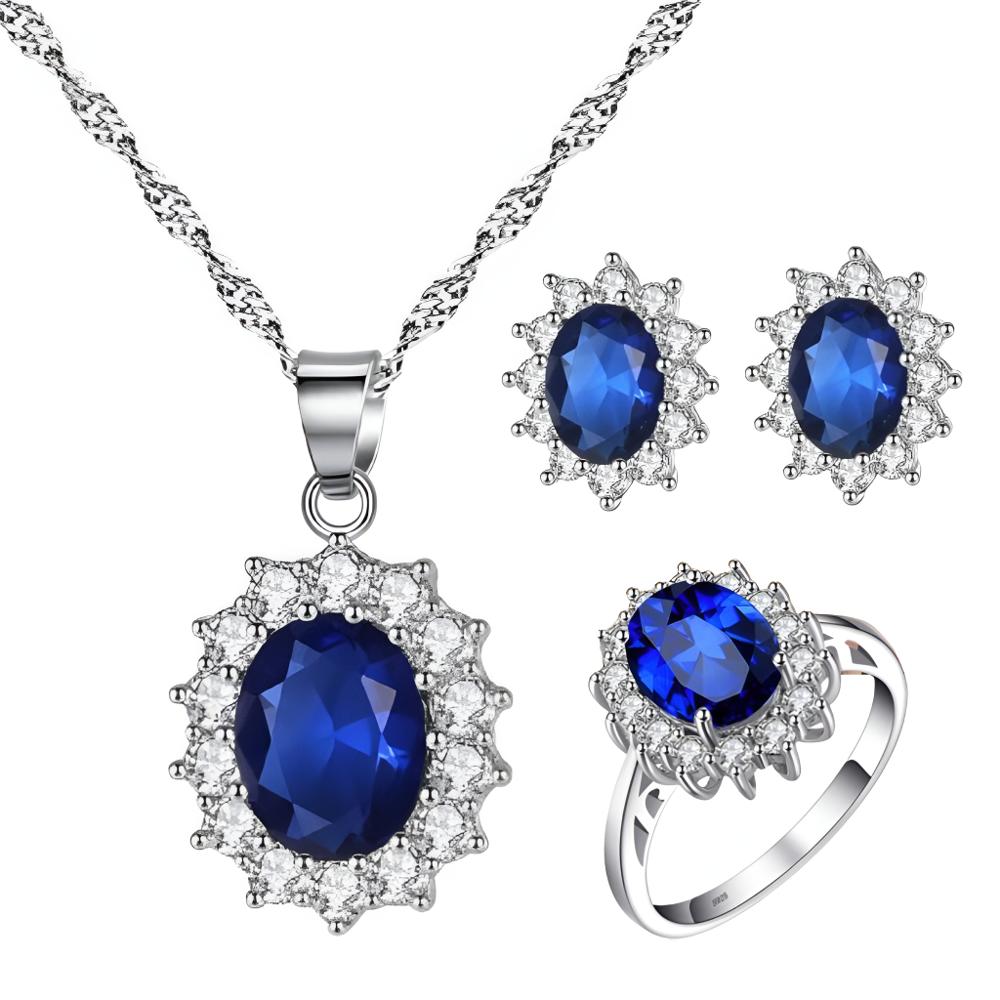 Juego De Collar Arete Anillo Mujer Azul Plata Diseño Exclusivo Regalo